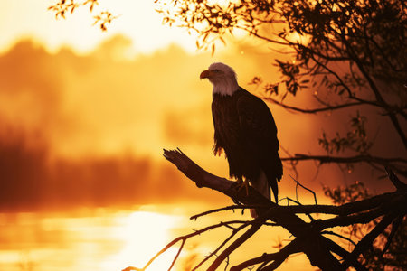 A bald eagle perching on a branch, illuminated by the golden hues of a sunriseの素材