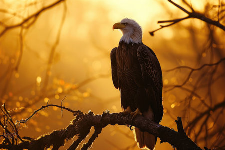 A bald eagle perching on a branch, illuminated by the golden hues of a sunriseの素材