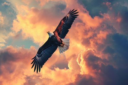 A bald eagle soars through a dramatic skyの素材