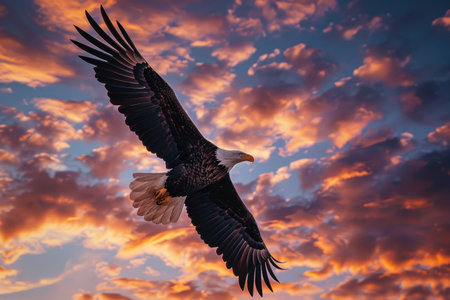 A bald eagle soars through a dramatic skyの素材