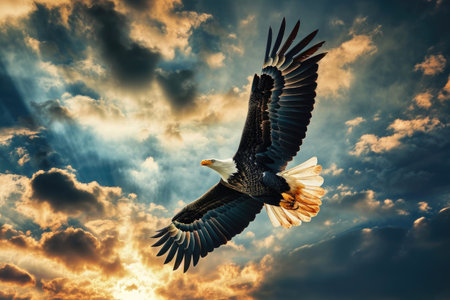 A bald eagle soars through a dramatic skyの素材