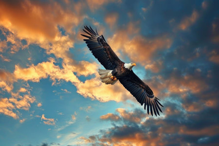 A bald eagle soars through a dramatic skyの素材