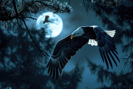 A bald eagle is captured mid-flight against the backdrop of a serene moonlit nightの素材