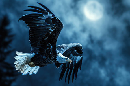 A bald eagle is captured mid-flight against the backdrop of a serene moonlit nightの素材