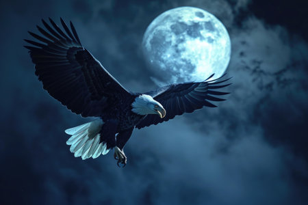 A bald eagle is captured mid-flight against the backdrop of a serene moonlit nightの素材