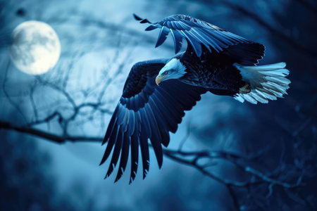 A bald eagle is captured mid-flight against the backdrop of a serene moonlit nightの素材