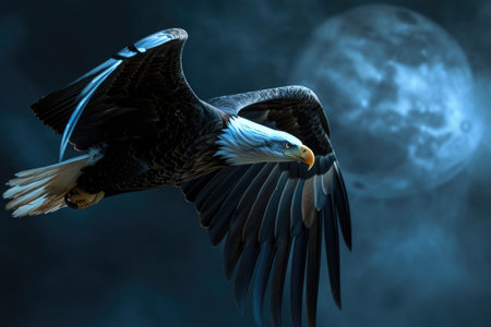 A bald eagle is captured mid-flight against the backdrop of a serene moonlit nightの素材