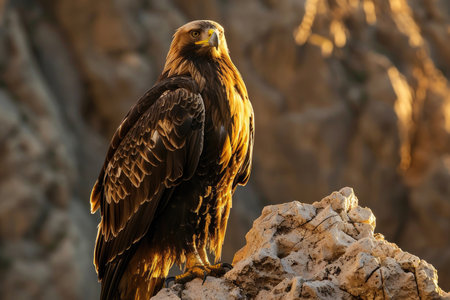 The intense gaze of a golden eagle, perched on a rocky ledgeの素材