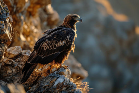The intense gaze of a golden eagle, perched on a rocky ledgeの素材