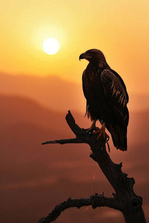 A golden eagle perched on a branch against the backdrop of a serene sunsetの素材