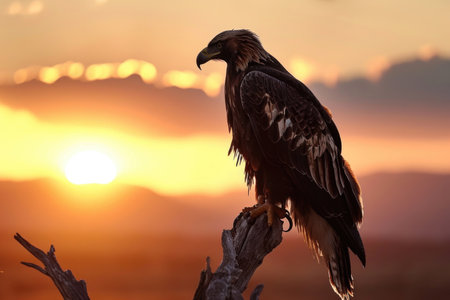 A golden eagle perched on a branch against the backdrop of a serene sunsetの素材