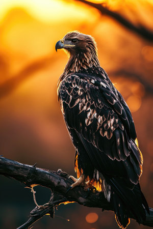 A golden eagle perched on a branch against the backdrop of a serene sunsetの素材