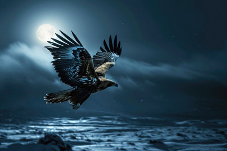 A golden eagle is captured in mid-flight against the backdrop of a moonlit nightの素材