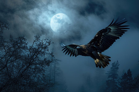 A golden eagle is captured in mid-flight against the backdrop of a moonlit nightの素材