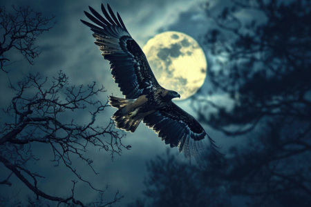 A golden eagle is captured in mid-flight against the backdrop of a moonlit nightの素材