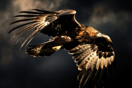 A golden eagle is captured in mid-flight against the backdrop of a moonlit nightの素材