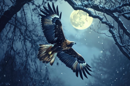 A golden eagle is captured in mid-flight against the backdrop of a moonlit nightの素材