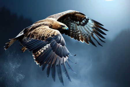 A golden eagle is captured in mid-flight against the backdrop of a moonlit nightの素材
