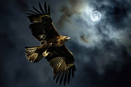 A golden eagle is captured in mid-flight against the backdrop of a moonlit nightの素材