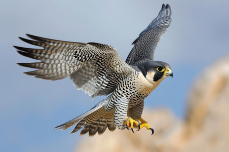 The Peregrine Falcon in full flight, wings outstretched, as it effortlessly slices through the airの素材