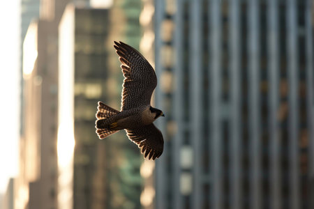 The Peregrine Falcon in an urban setting, gracefully navigating amidst city skyscrapersの素材
