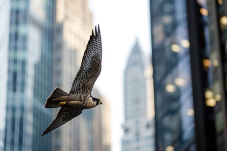 The Peregrine Falcon in an urban setting, gracefully navigating amidst city skyscrapersの素材