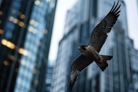 The Peregrine Falcon in an urban setting, gracefully navigating amidst city skyscrapersの素材