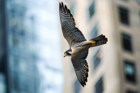 The Peregrine Falcon in an urban setting, gracefully navigating amidst city skyscrapersの素材