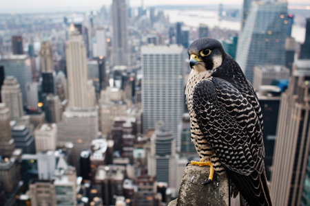 The Peregrine Falcon in an urban setting, gracefully navigating amidst city skyscrapersの素材