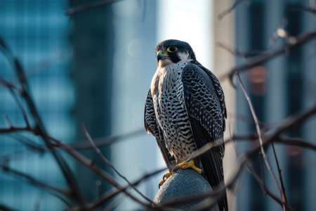 The Peregrine Falcon in an urban setting, gracefully navigating amidst city skyscrapersの素材