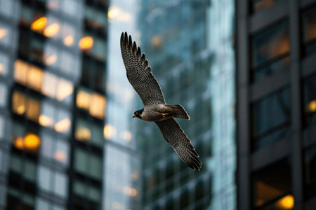 The Peregrine Falcon in an urban setting, gracefully navigating amidst city skyscrapersの素材