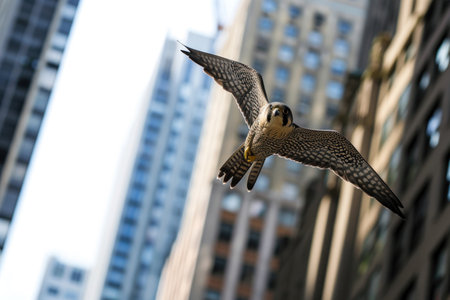 The Peregrine Falcon in an urban setting, gracefully navigating amidst city skyscrapersの素材