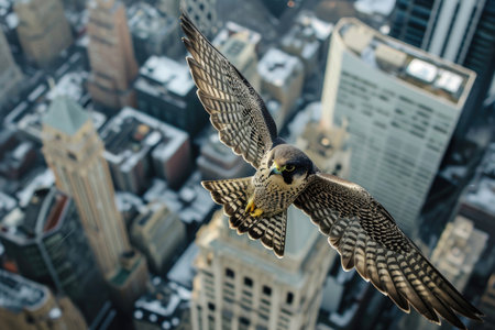 The Peregrine Falcon in an urban setting, gracefully navigating amidst city skyscrapersの素材