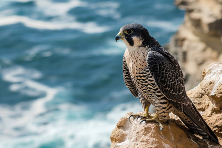 A Peregrine Falcon perched on a coastal cliff, overlooking the vast expanse of the oceanの素材