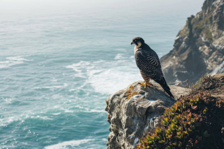A Peregrine Falcon perched on a coastal cliff, overlooking the vast expanse of the oceanの素材