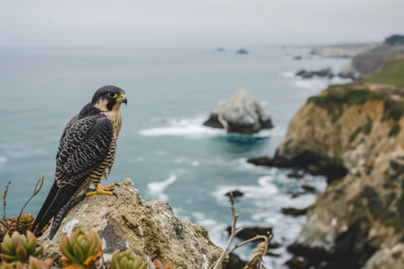 A Peregrine Falcon perched on a coastal cliff, overlooking the vast expanse of the oceanの素材
