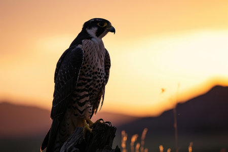 A Peregrine Falcon as a dusk hunter, its silhouette against the fading light of the dayの素材