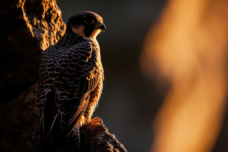 A Peregrine Falcon as a dusk hunter, its silhouette against the fading light of the dayの素材