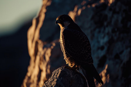 A Peregrine Falcon as a dusk hunter, its silhouette against the fading light of the dayの素材
