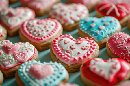 Heart-shaped cookies with playful designs and vibrant colorsの素材