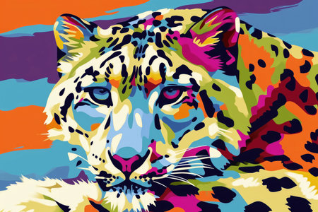 A pop art-inspired composition featuring a snow leopard in bold, contrasting colorsの素材