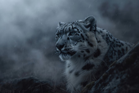 A snow leopard in a misty, otherworldly atmosphere, blurring the lines between reality and fantasyの素材