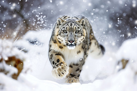 A majestic snow leopard gracefully navigating through a wintry landscapeの素材
