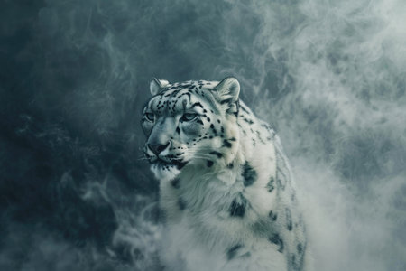 A snow leopard in a misty, otherworldly atmosphere, blurring the lines between reality and fantasyの素材