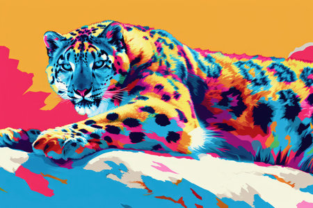 A pop art-inspired composition featuring a snow leopard in bold, contrasting colorsの素材