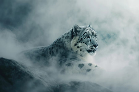 A snow leopard in a misty, otherworldly atmosphere, blurring the lines between reality and fantasyの素材