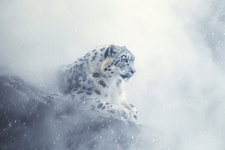A snow leopard in a misty, otherworldly atmosphere, blurring the lines between reality and fantasyの素材
