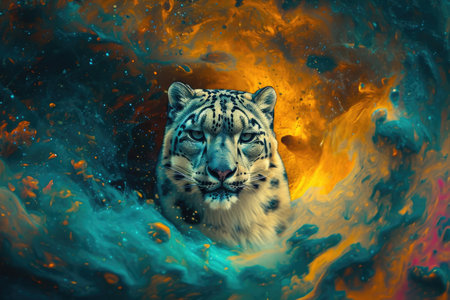 A surreal photo of a snow leopard's intense gaze amidst a psychedelic swirl of colorsの素材