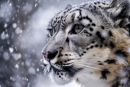 A snow leopard close-up in its natural habitatの素材