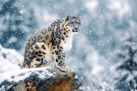 A snow leopard is perching on a snow-covered rockの素材
